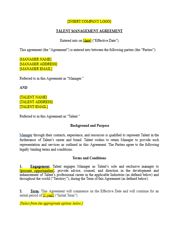 Talent Management Agreement Template