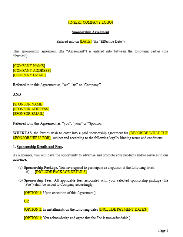 Sponsorship Agreement Template