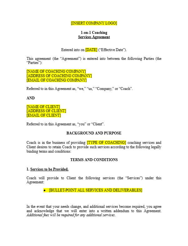 1-on-1 Coaching Agreement Template