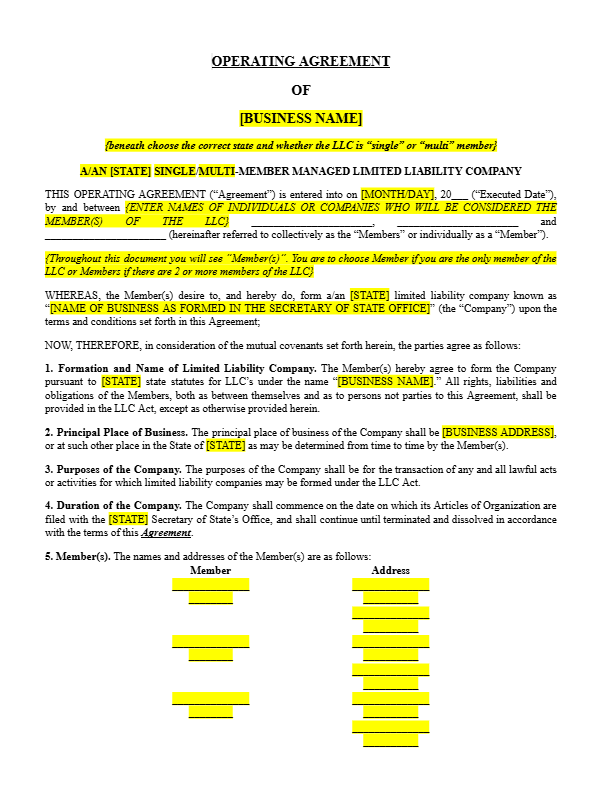Executed Operating Agreement Sample LLC Operating Agreement Template – Boss Contract Society